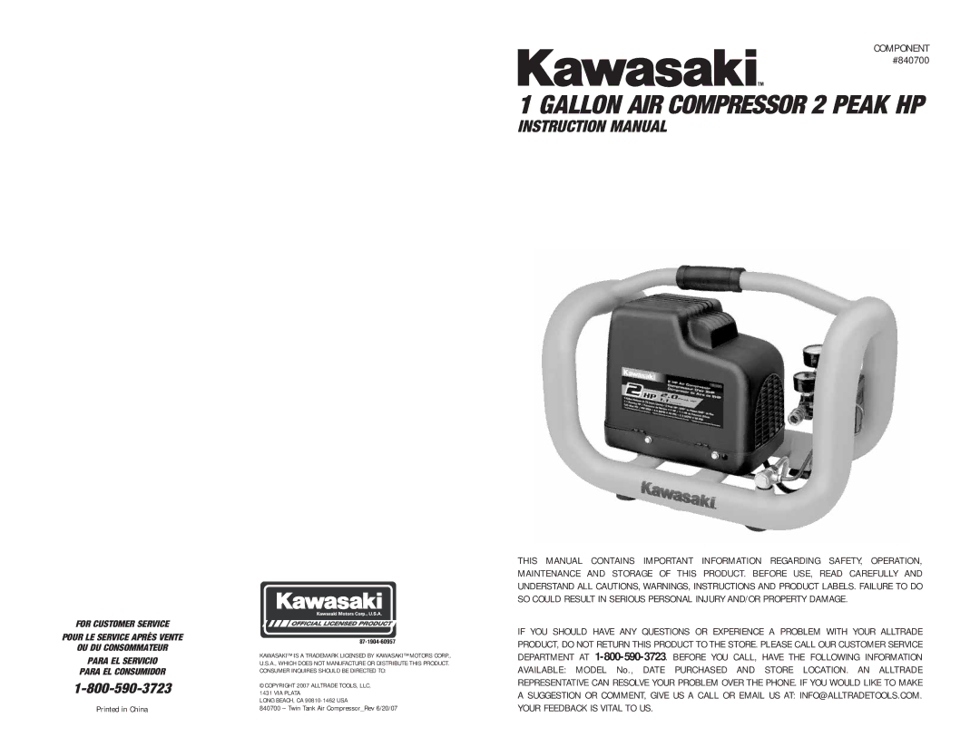 Kawasaki 840700 instruction manual Gallon AIR Compressor 2 Peak HP 