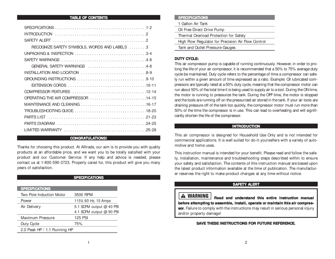 Kawasaki 840700 instruction manual Table of Contents, Congratulations, Specifications, Introduction, Safety Alert 