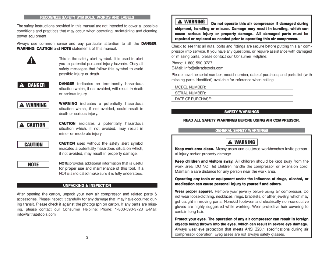 Kawasaki 840700 instruction manual Recognize Safety SYMBOLS, Words and Labels, Unpacking & Inspection, Safety Warnings 