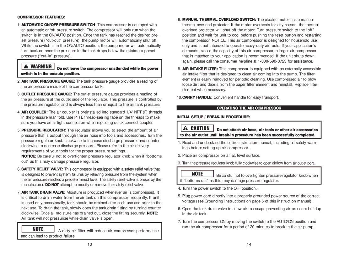 Kawasaki 840700 instruction manual Compressor Features, Operating the AIR Compressor, Initial Setup / BREAK-IN Procedure 