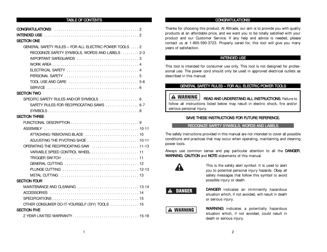 Kawasaki 840844 Table of Contents, Congratulations, Intended USE, General Safety Rules for ALL Electric Power Tools 