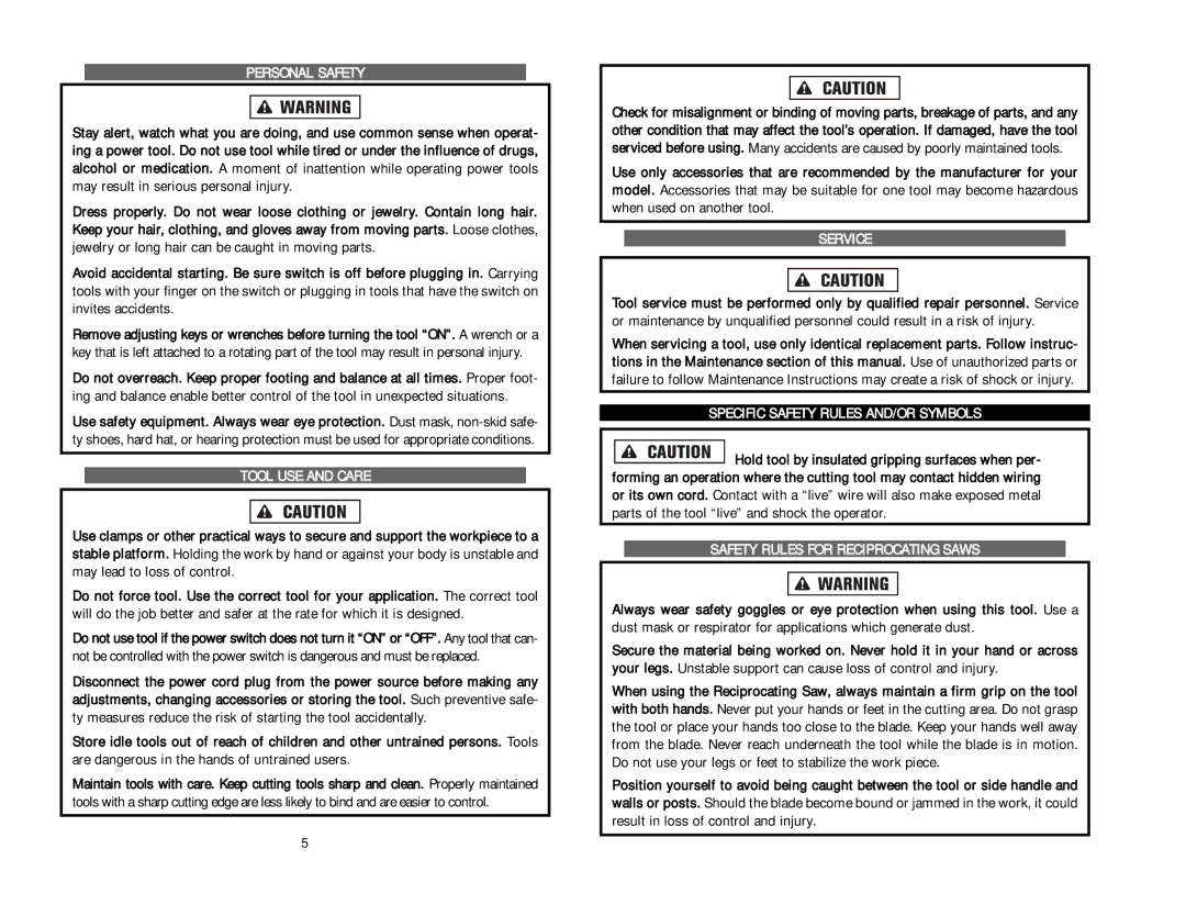 Kawasaki 840844 instruction manual Personal Safety, Tool USE and Care, Service, Specific Safety Rules AND/OR Symbols 