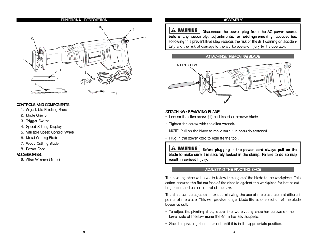 Kawasaki 840844 Functional Description, Assembly, Attaching / Removing Blade, Adjusting the Pivoting Shoe 