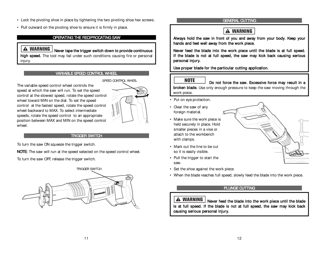 Kawasaki 840844 Operating the Reciprocating SAW, Variable Speed Control Wheel, Trigger Switch, General Cutting 