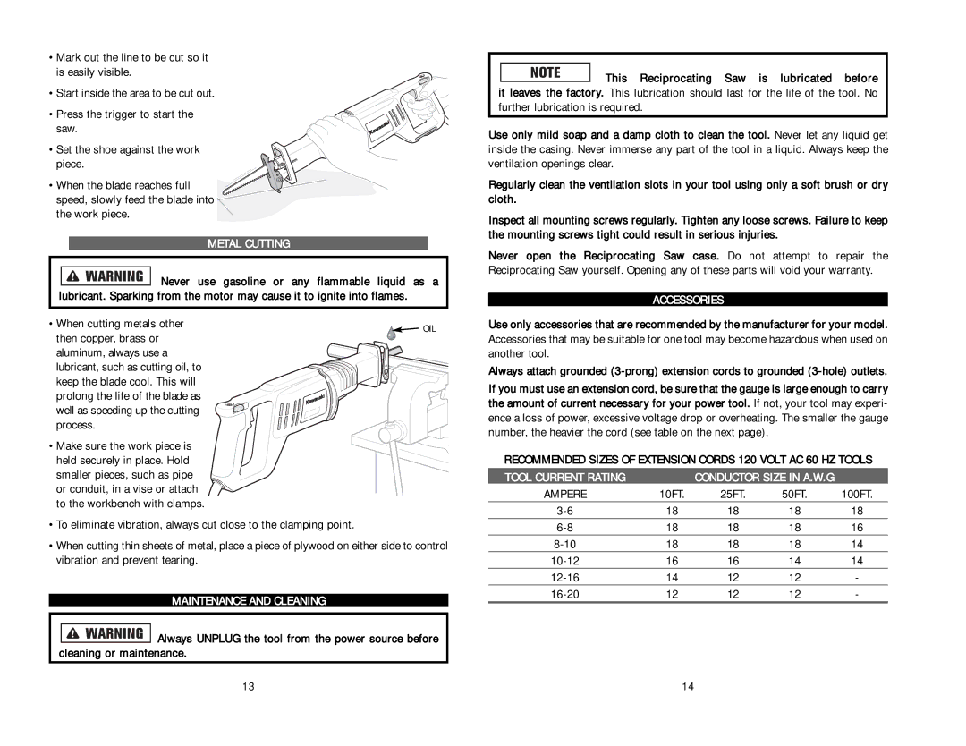 Kawasaki 840844 instruction manual Metal Cutting, Maintenance and Cleaning, Accessories, Tool Current Rating 