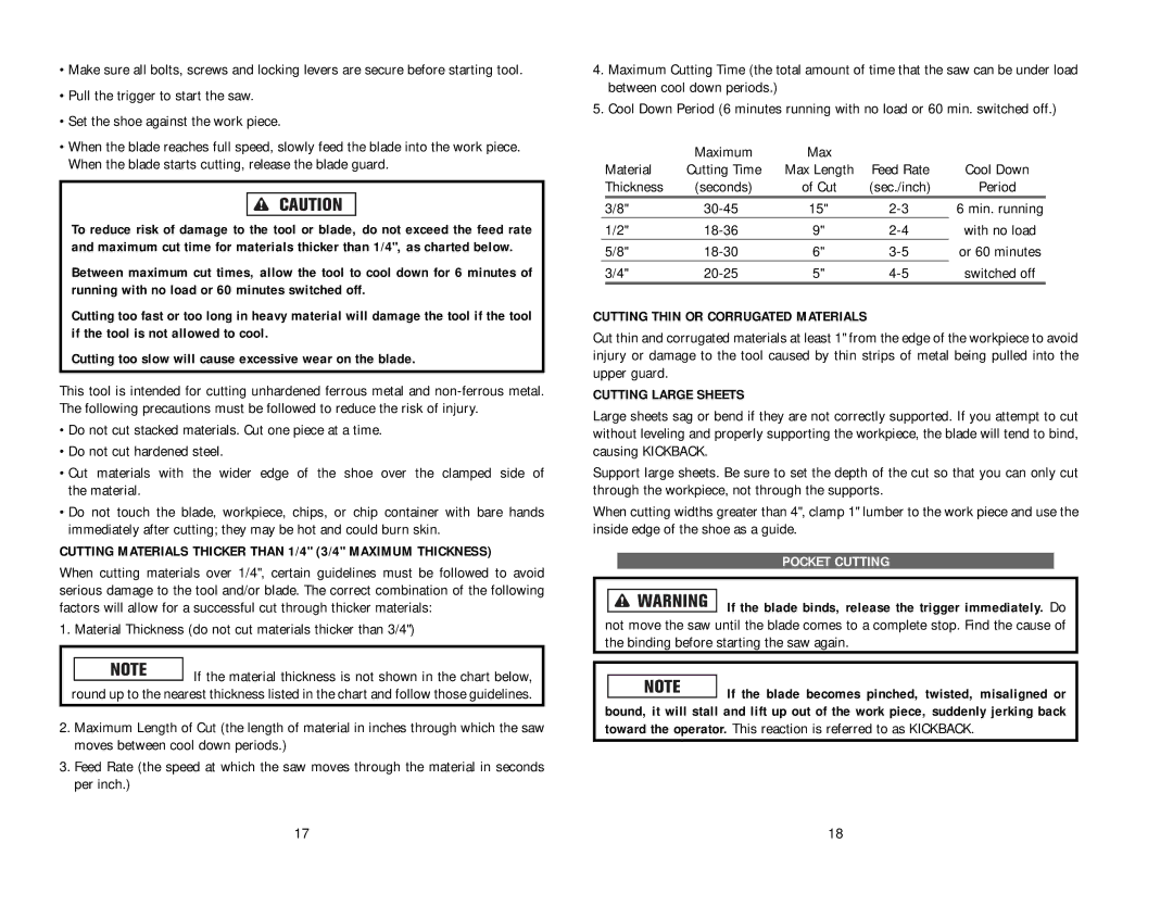 Kawasaki 843327 Cutting Materials Thicker than 1/4 3/4 Maximum Thickness, Cutting Thin or Corrugated Materials 