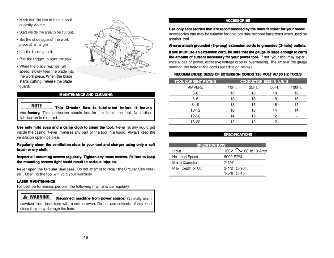 Kawasaki 843327 Maintenance and Cleaning, Laser Maintenance, Accessories, Tool Current Rating, Specifications 