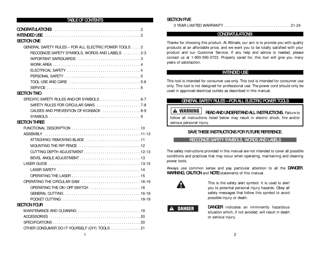 Kawasaki 843327 Table of Contents, Congratulations, Intended USE, General Safety Rules for ALL Electric Power Tools 