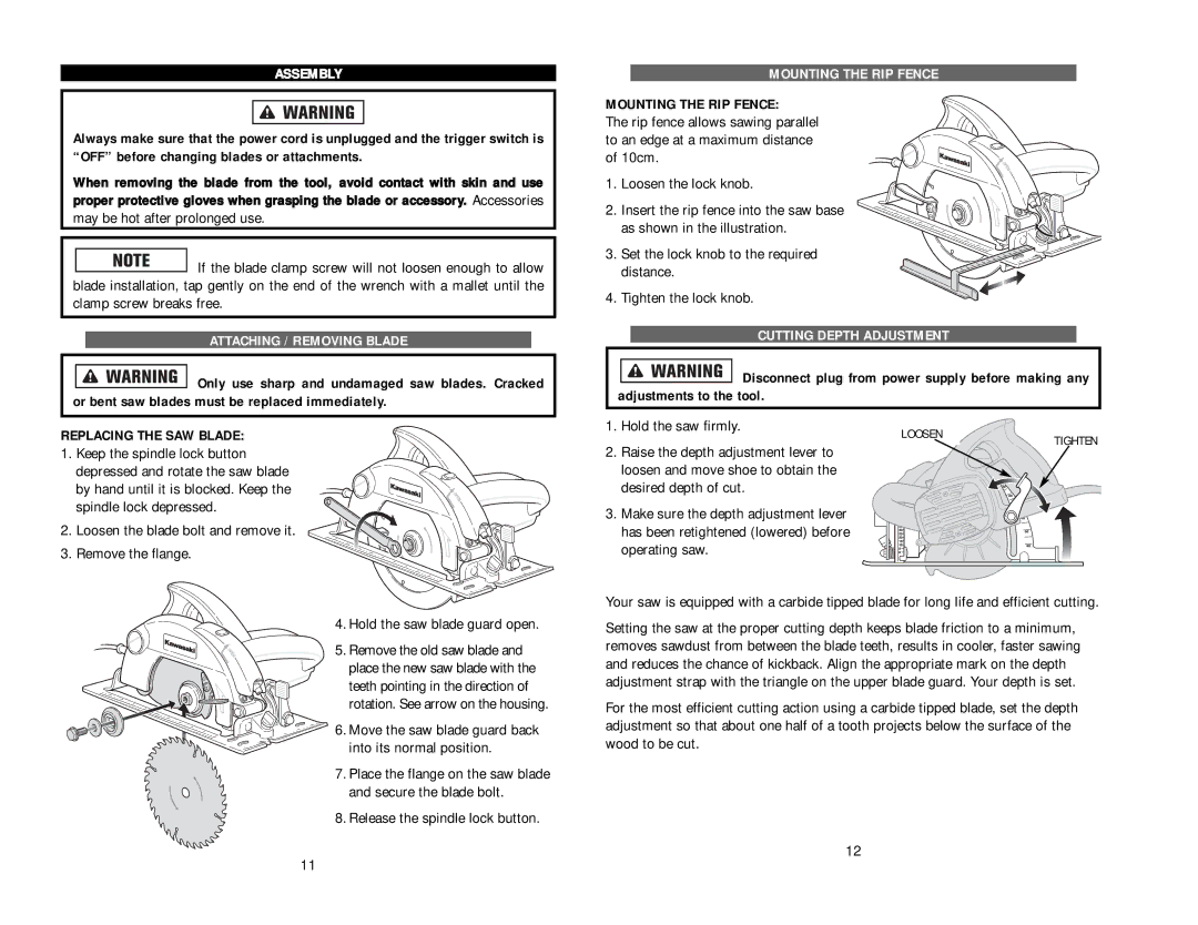 Kawasaki 843327 instruction manual Assembly, Attaching / Removing Blade, Mounting the RIP Fence, Cutting Depth Adjustment 