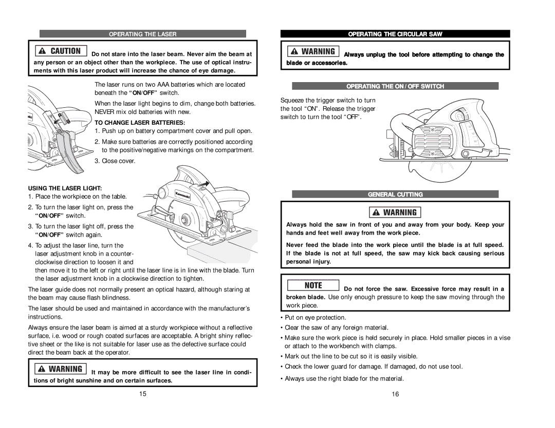 Kawasaki 843327 Operating the Laser, Operating the Circular SAW, Operating the on / OFF Switch, General Cutting 