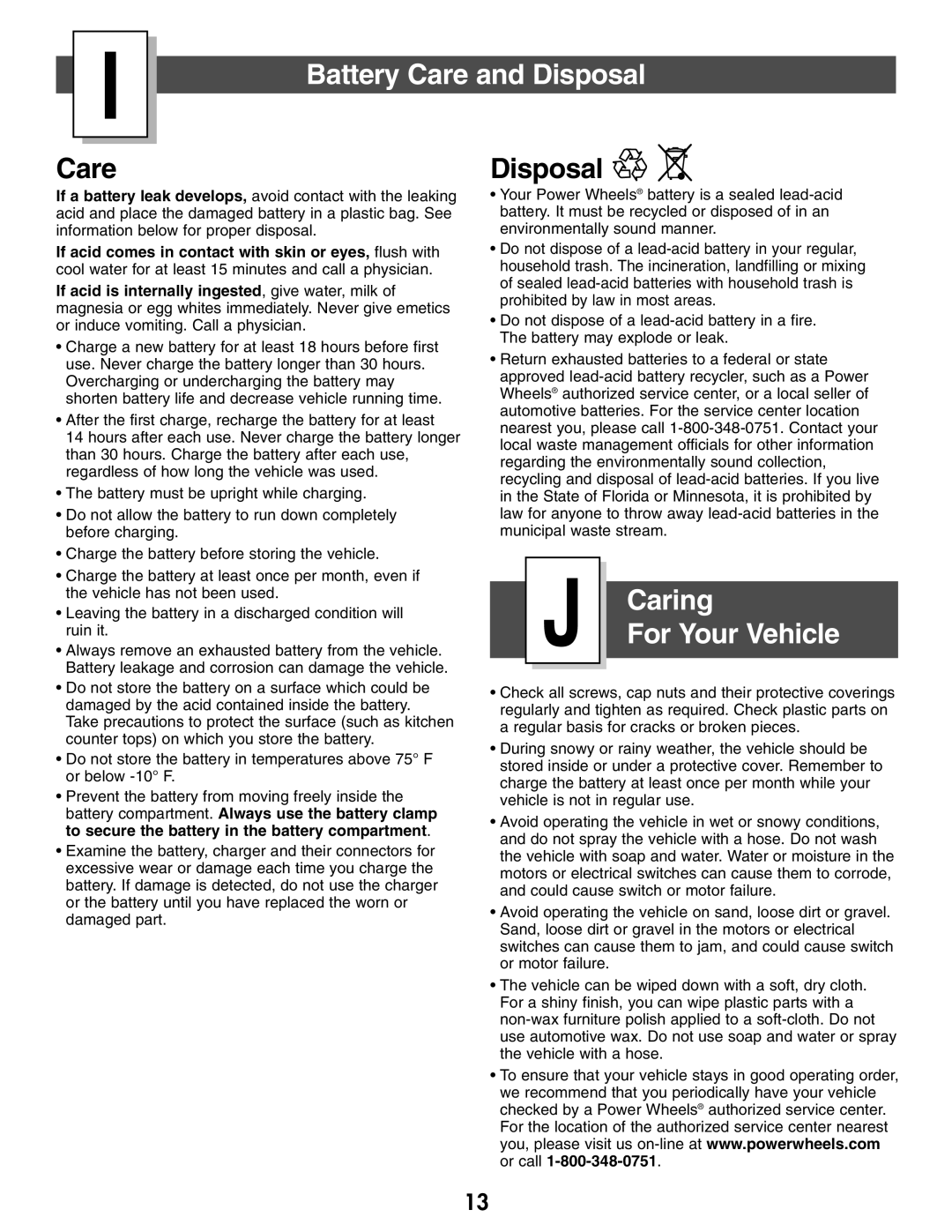 Kawasaki B9272 owner manual Battery Care and Disposal, Caring 