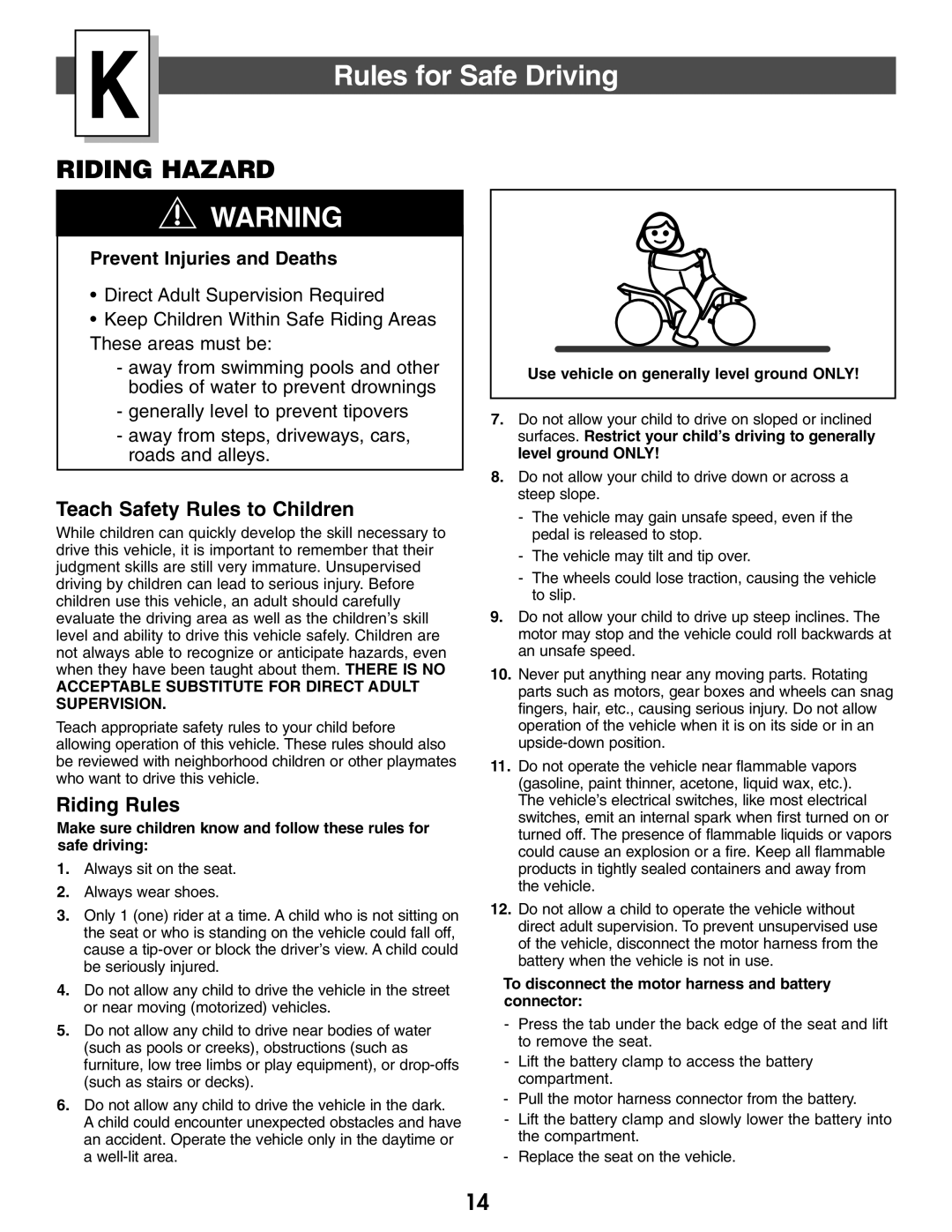 Kawasaki B9272 owner manual Rules for Safe Driving, Teach Safety Rules to Children 