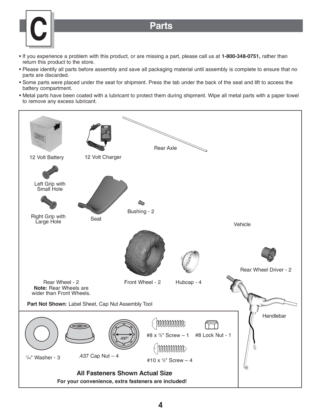 Kawasaki B9272 owner manual Parts, All Fasteners Shown Actual Size 