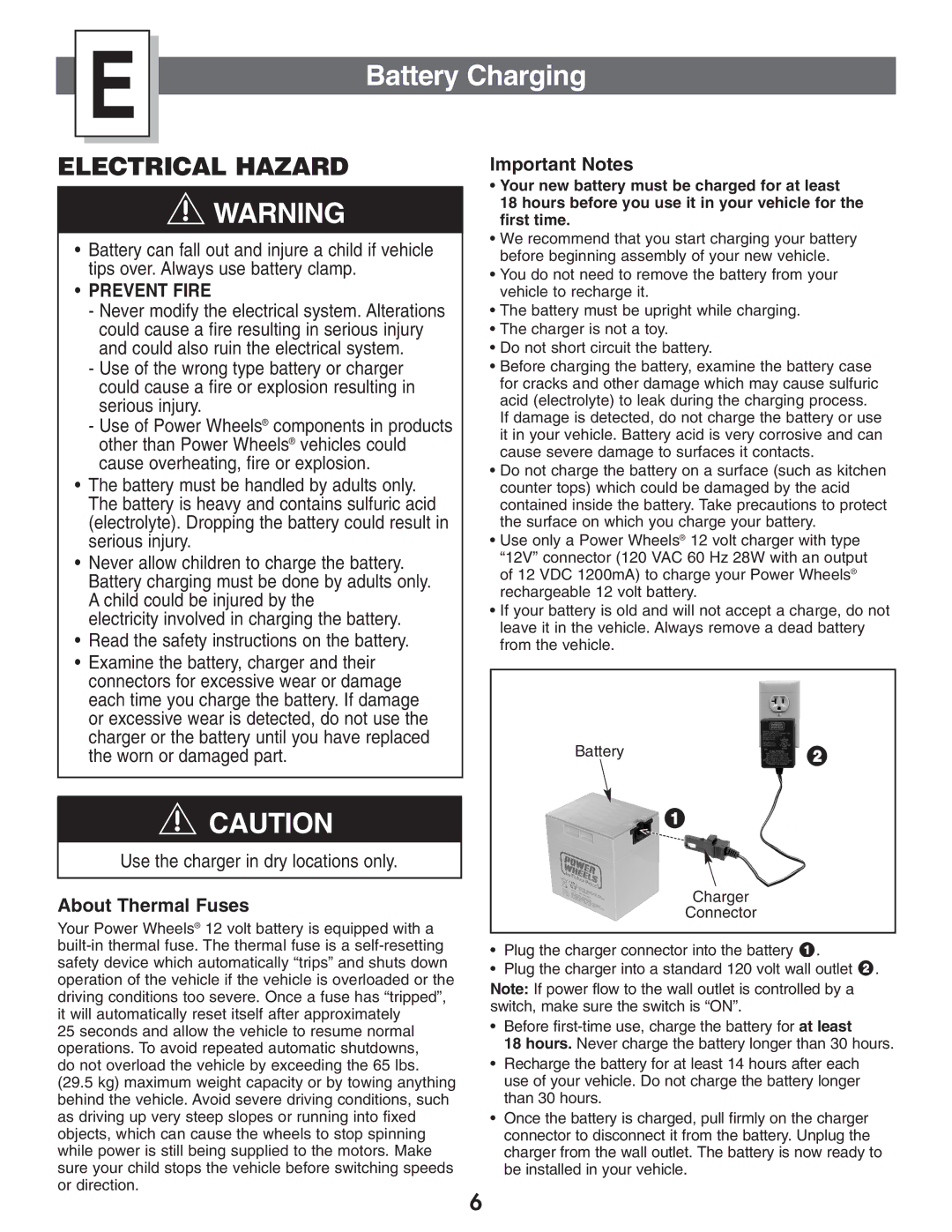 Kawasaki B9272 owner manual Battery Charging, About Thermal Fuses, Important Notes 