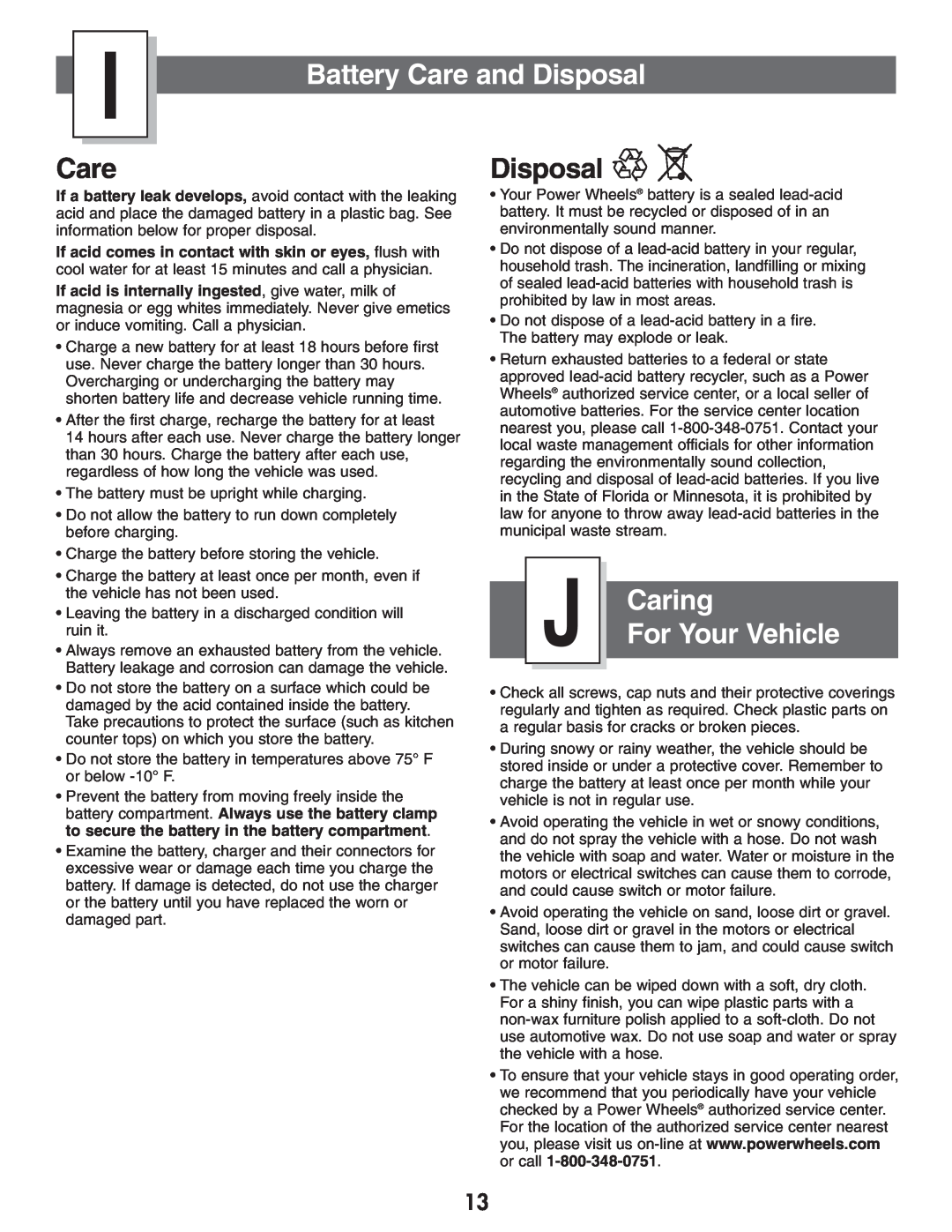 Kawasaki B9272 owner manual Battery Care and Disposal, Caring, For Your Vehicle 