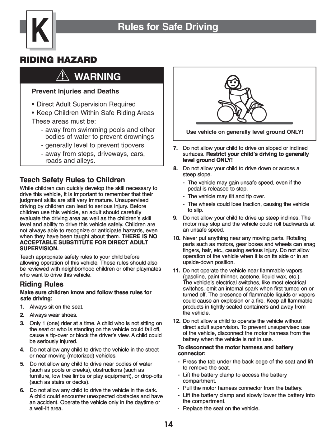 Kawasaki B9272 owner manual Rules for Safe Driving, Riding Hazard, Teach Safety Rules to Children, Riding Rules 