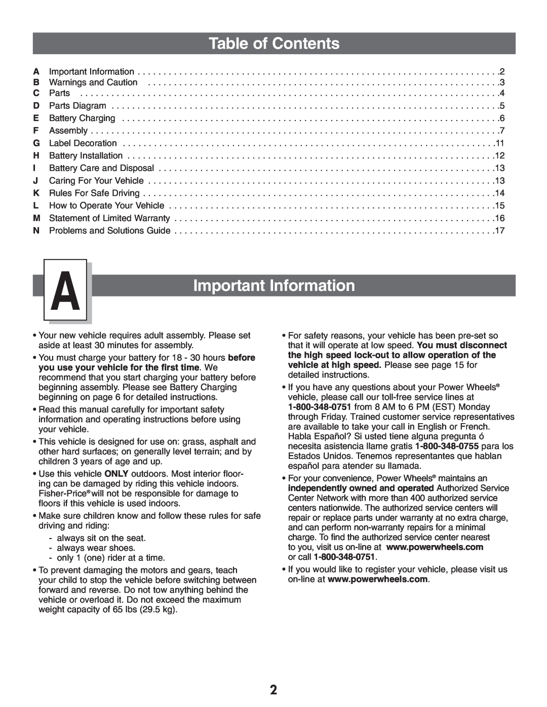 Kawasaki B9272 owner manual Important Information, Table of Contents 