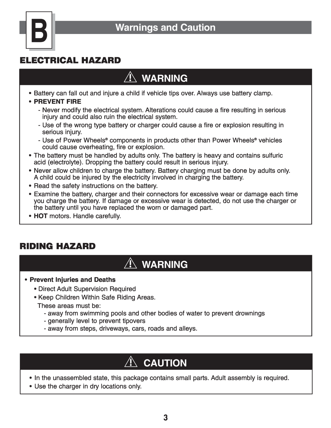 Kawasaki B9272 owner manual Warnings and Caution, Electrical Hazard, Riding Hazard 