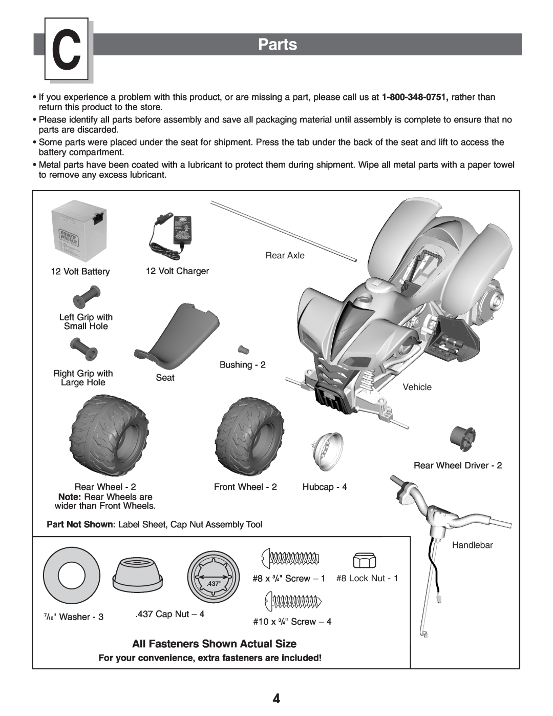 Kawasaki B9272 owner manual Parts, For your convenience, extra fasteners are included 