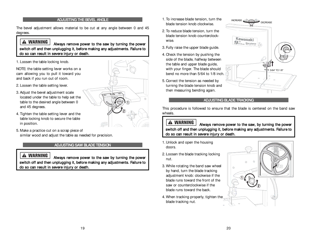 Kawasaki Band Saw Adjusting the Bevel Angle, To increase blade tension, turn, Adjusting SAW Blade Tension 