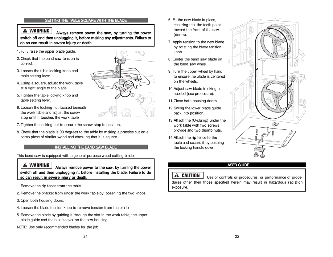 Kawasaki Band Saw instruction manual Setting the Table Square with the Blade, Installing the Band SAW Blade, Laser Guide 