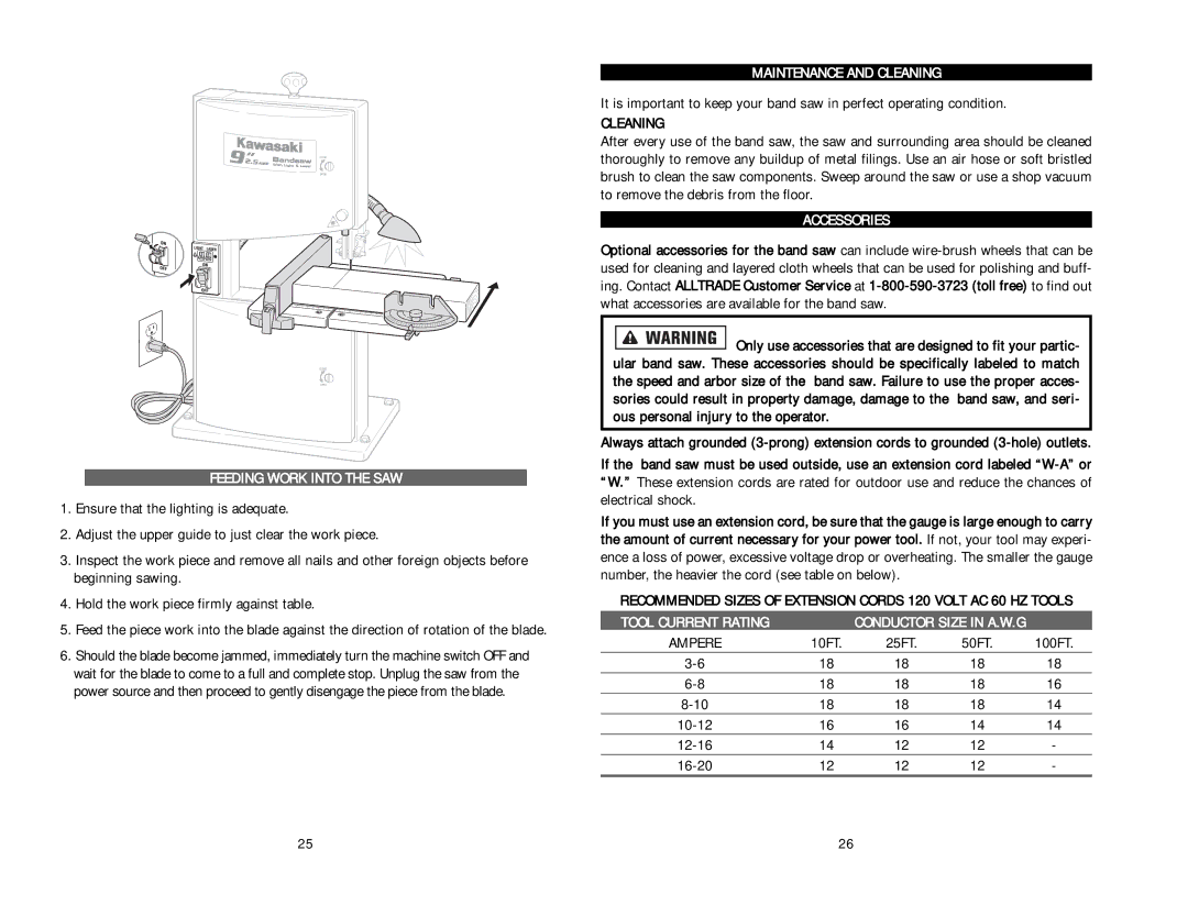 Kawasaki Band Saw instruction manual Feeding Work Into the SAW, Maintenance and Cleaning, Accessories, Tool Current Rating 