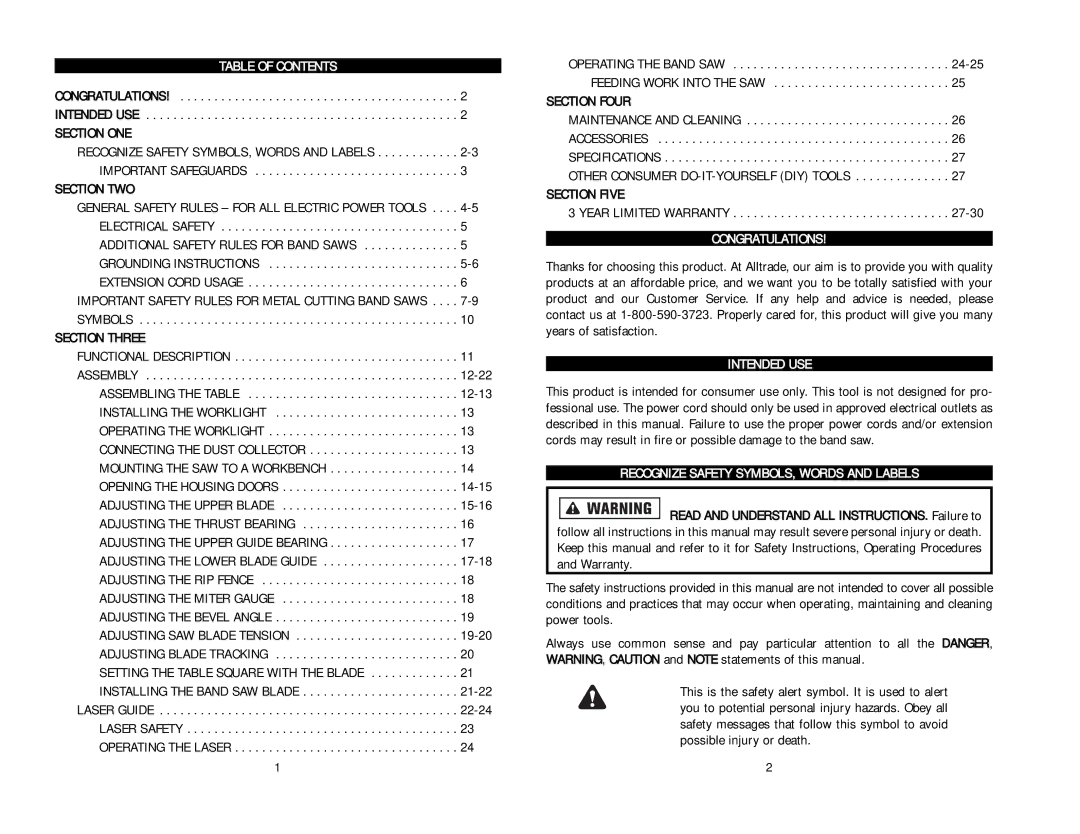 Kawasaki Band Saw Table of Contents, Congratulations, Intended USE, Recognize Safety SYMBOLS, Words and Labels 