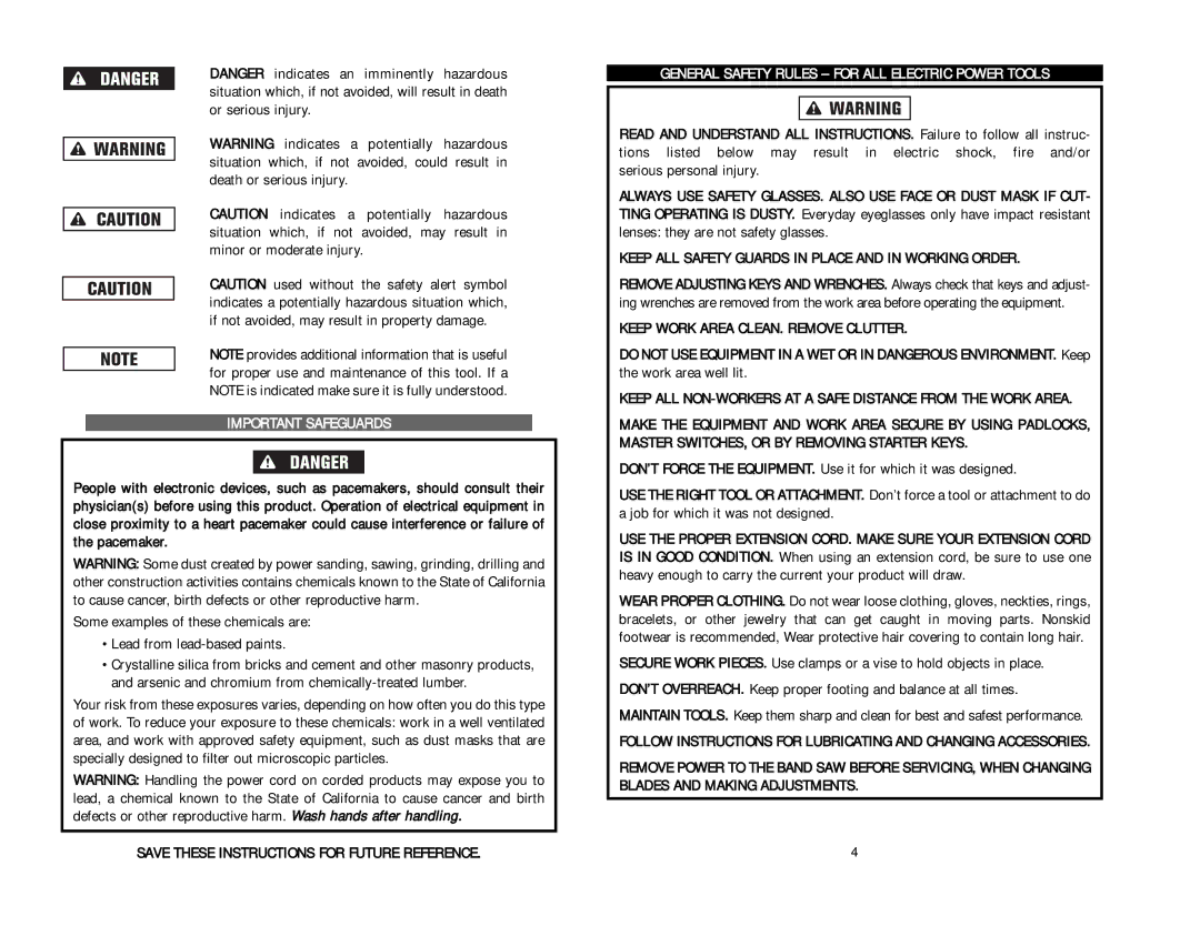 Kawasaki Band Saw instruction manual Important Safeguards, General Safety Rules for ALL Electric Power Tools 