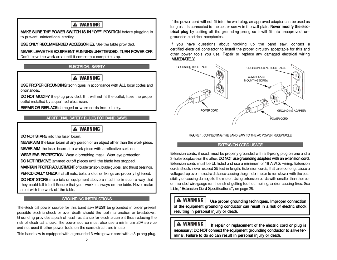 Kawasaki Electrical Safety, Additional Safety Rules for Band Saws, Grounding Instructions, Immediately 