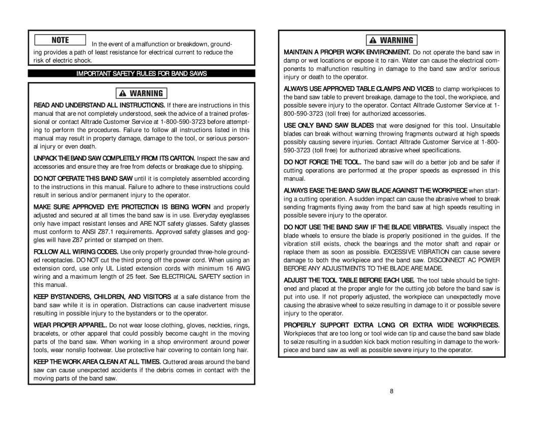 Kawasaki instruction manual Important Safety Rules for Band Saws 