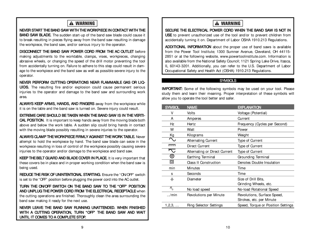 Kawasaki Band Saw instruction manual Symbols, Symbol Name Explanation, Ring Selector Settings 