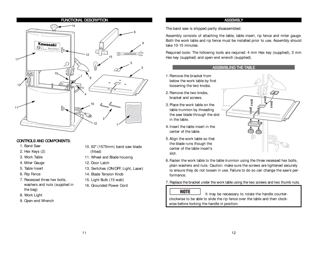 Kawasaki Band Saw instruction manual Functional Description Assembly, Assembling the Table, Controls and Components 