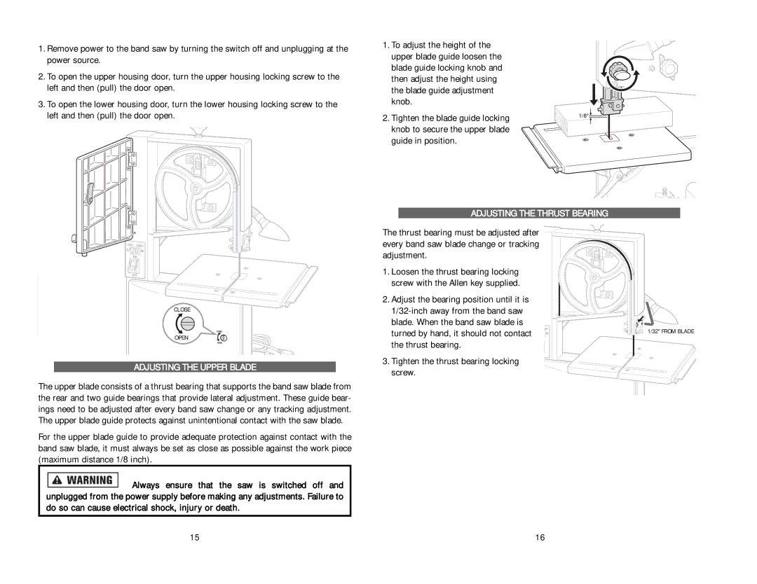 Kawasaki Band Saw instruction manual Adjusting the Upper Blade, Adjusting the Thrust Bearing 