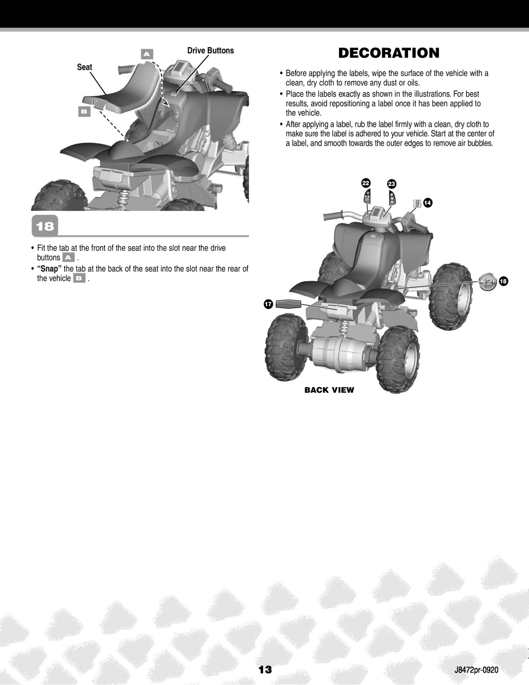 Kawasaki J8472PR, K0450 manual Decoration, Seat Drive Buttons 