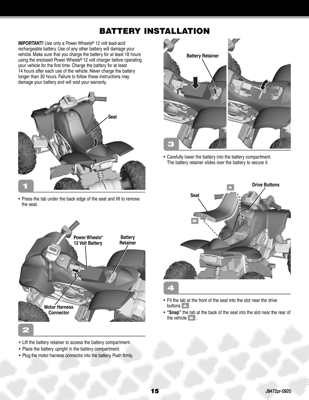 Kawasaki K0450 manual Battery Installation, Seat Battery Retainer, Power Wheels, Seat Drive Buttons Motor Harness Connector 