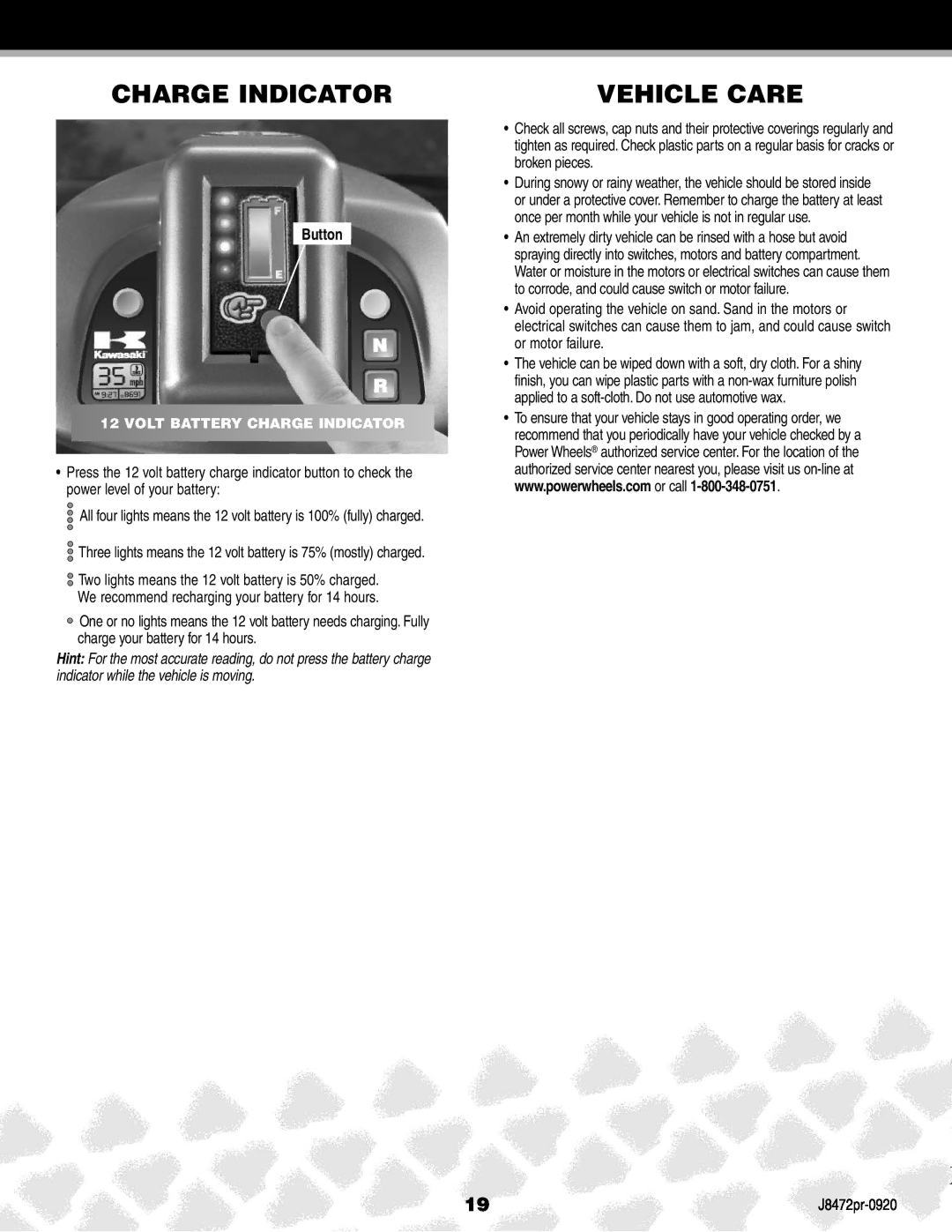 Kawasaki J8472PR, K0450 manual Charge Indicator, Vehicle Care, Button 