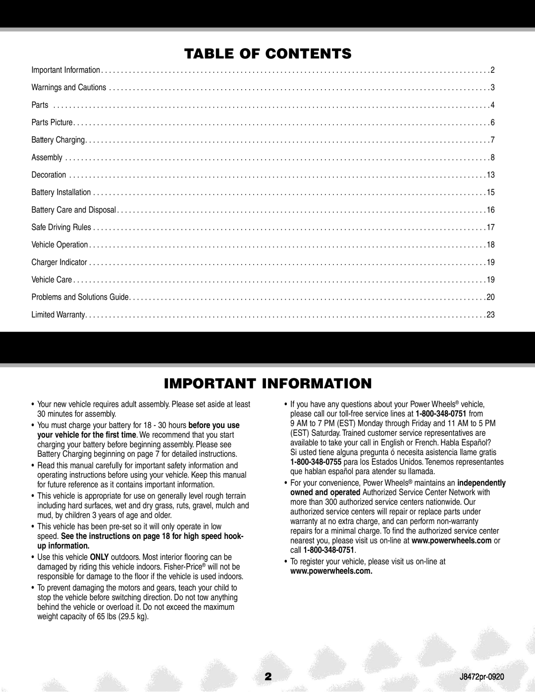 Kawasaki K0450, J8472PR manual Table of Contents, Important Information 