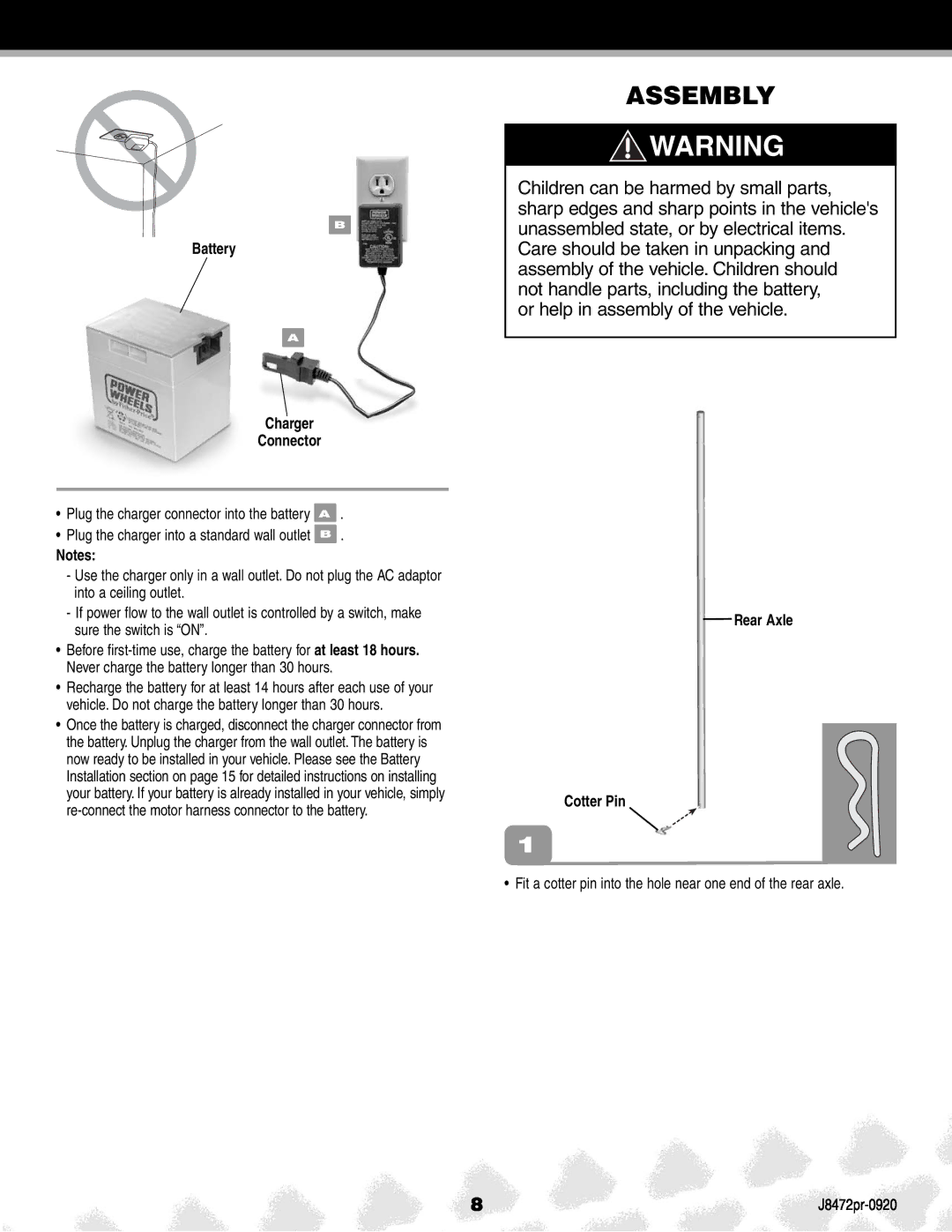 Kawasaki K0450, J8472PR manual Assembly, Battery Charger Connector, Rear Axle Cotter Pin 