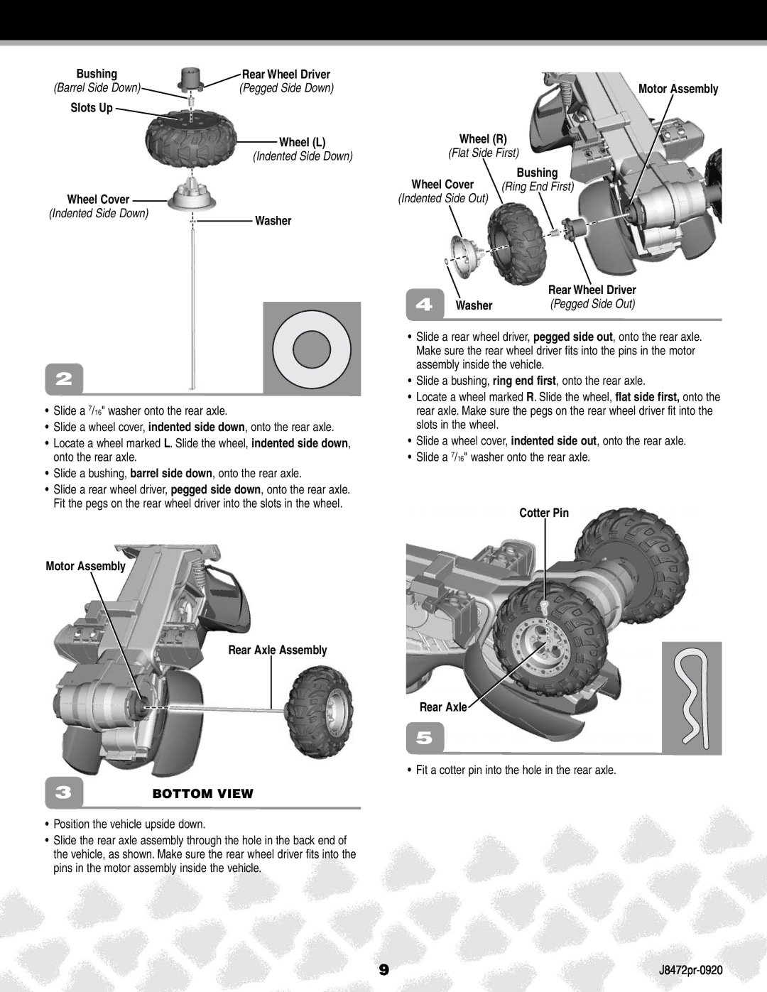 Kawasaki K0450, J8472PR manual Slots Up, Motor Assembly Wheel R, Bushing, Wheel Cover, Motor Assembly Rear Axle Assembly 