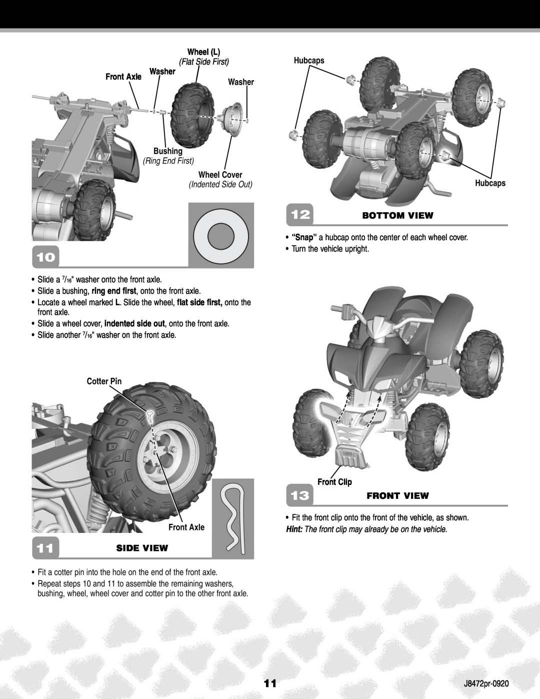 Kawasaki J8472 Wheel L, Flat Side First, Washer Front Axle Washer Bushing, Ring End First, Wheel Cover, Indented Side Out 