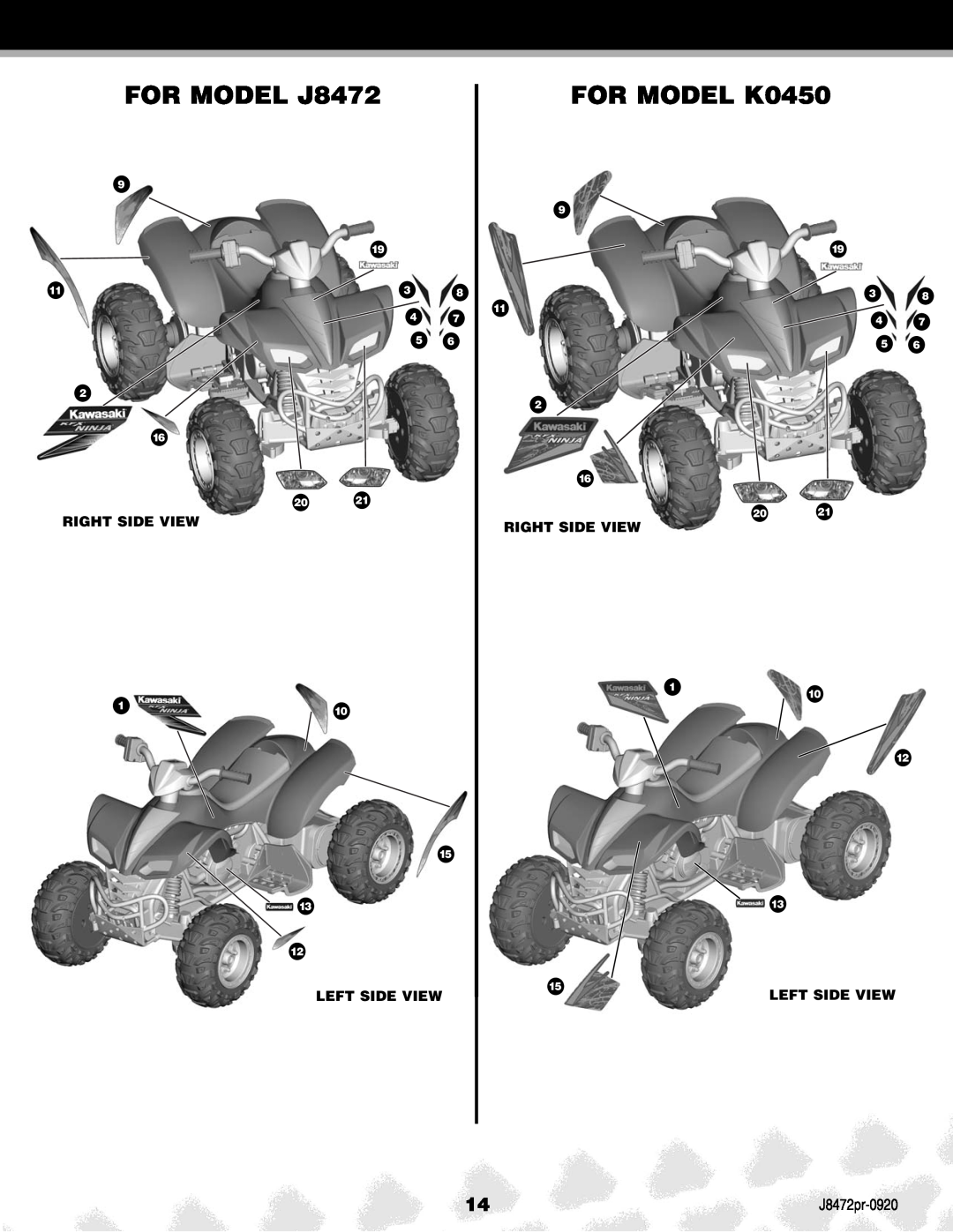 Kawasaki J8472PR manual FOR MODEL J8472, FOR MODEL K0450, Right Side View, Left Side View 