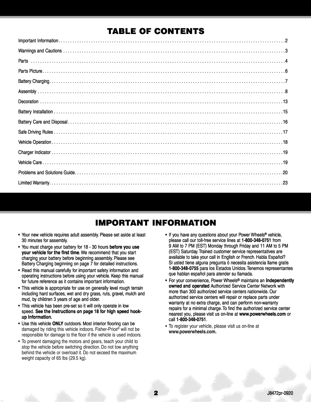 Kawasaki K0450, J8472PR manual Table Of Contents, Important Information 