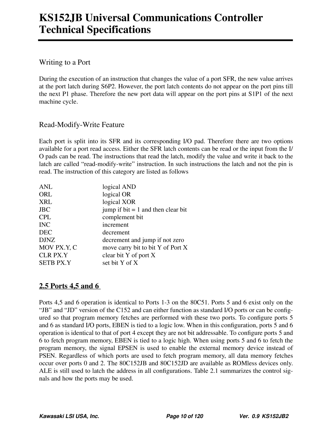 Kawasaki 80C152, KS152JB, 80C51 technical specifications Ports 4,5 