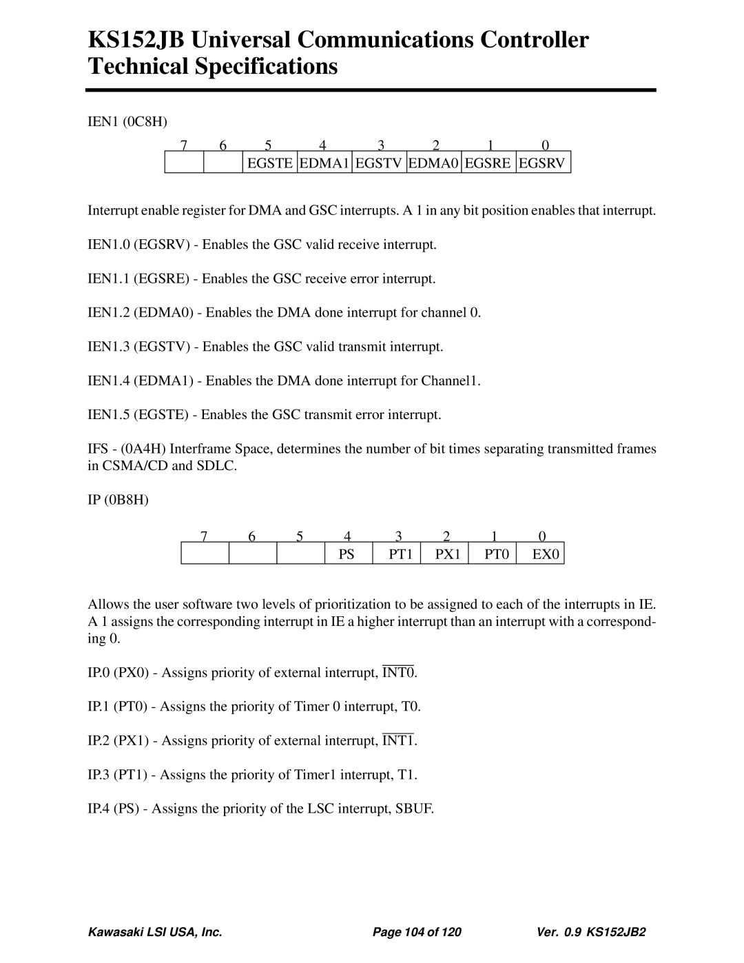 Kawasaki 80C51, KS152JB, 80C152 technical specifications Egste EDMA1 Egstv EDMA0 Egsre Egsrv, PT1 PX1 PT0 EX0 