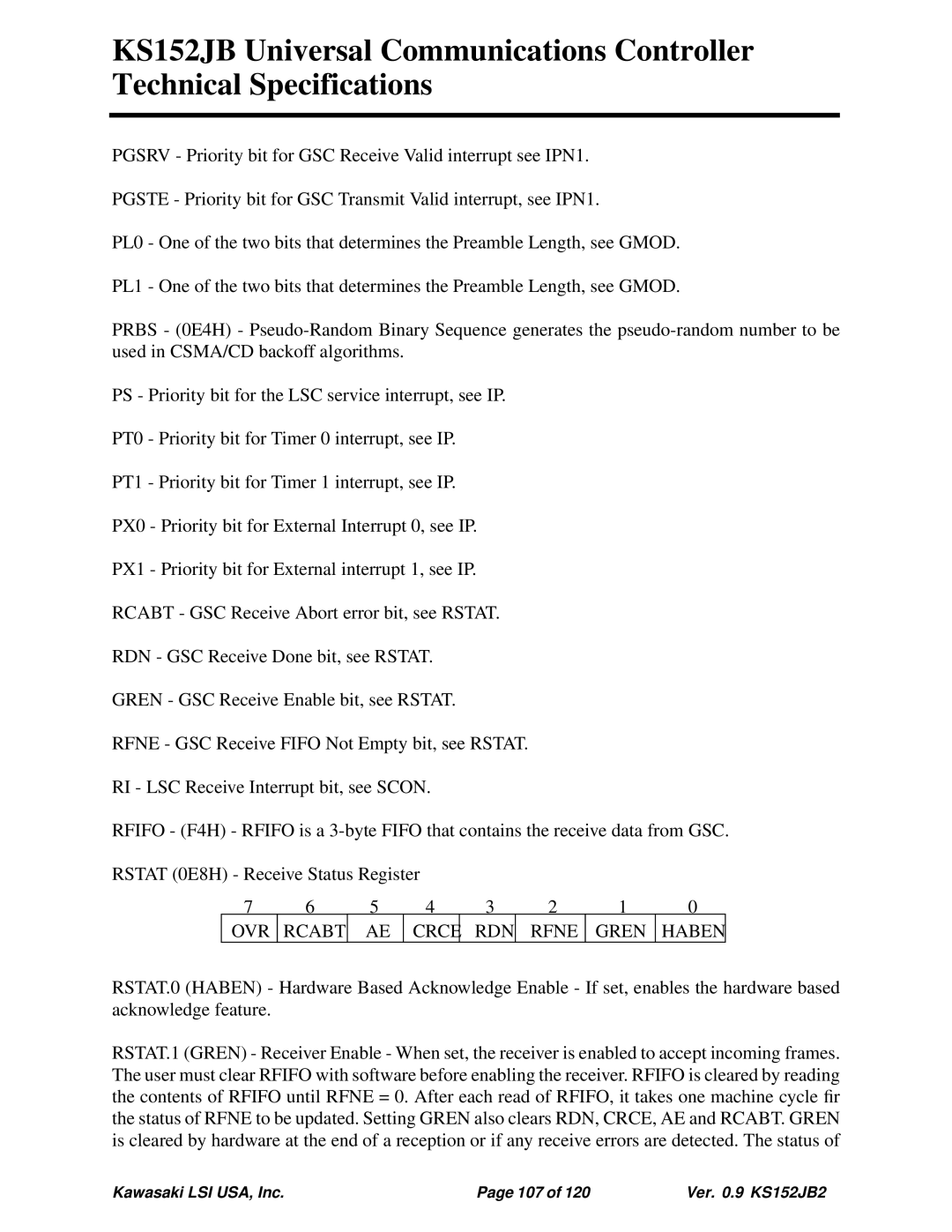 Kawasaki 80C51, KS152JB, 80C152 technical specifications OVR Rcabt Crce RDN Rfne Gren Haben 