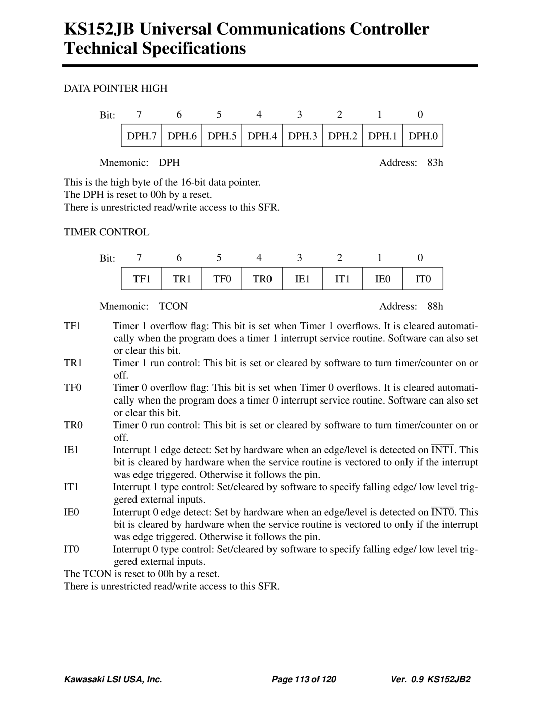 Kawasaki 80C51, KS152JB, 80C152 Data Pointer High, DPH.7 DPH.6 DPH.5 DPH.4 DPH.3 DPH.2 DPH.1 DPH.0, Dph, Timer Control, TF1 