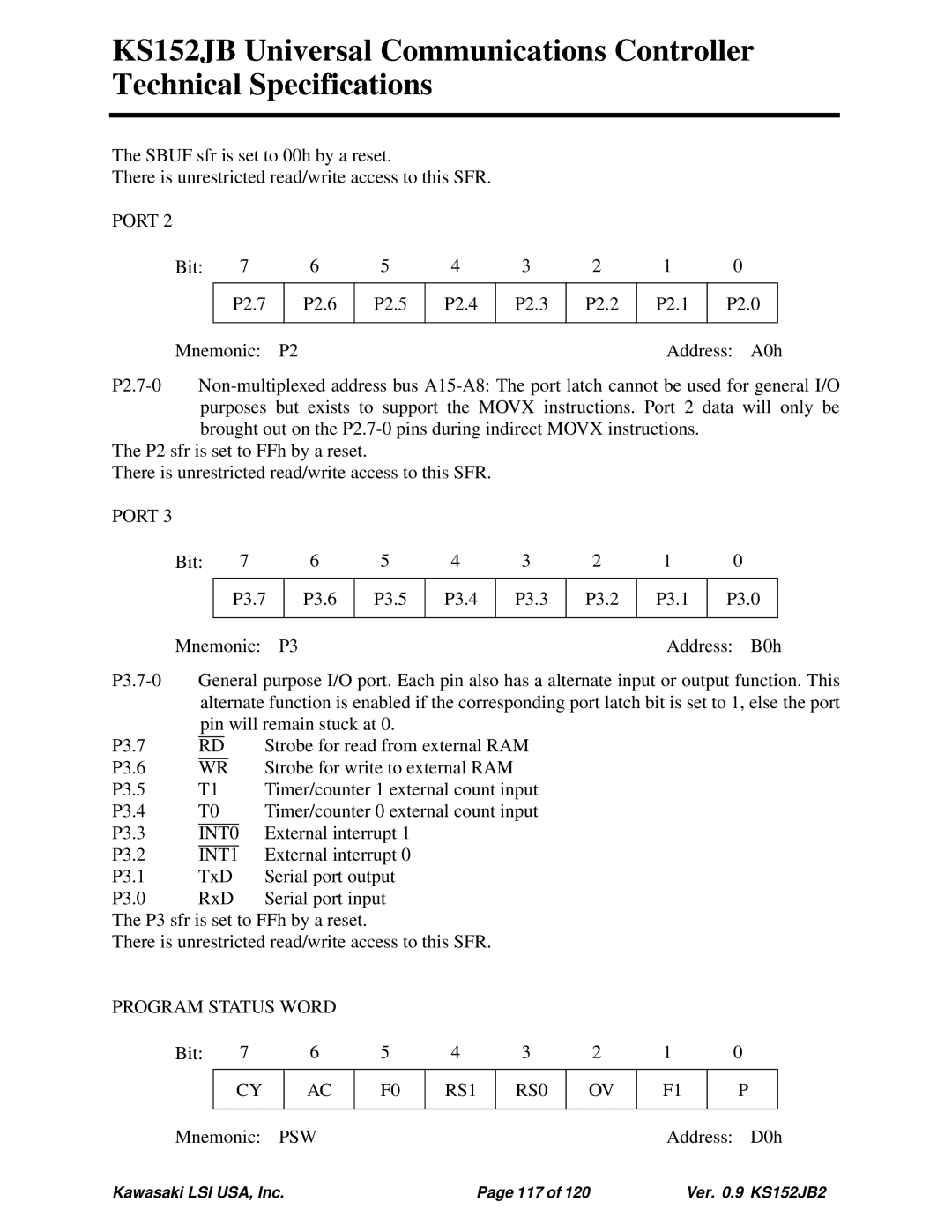 Kawasaki KS152JB, 80C152, 80C51 technical specifications Program Status Word, RS1 RS0 