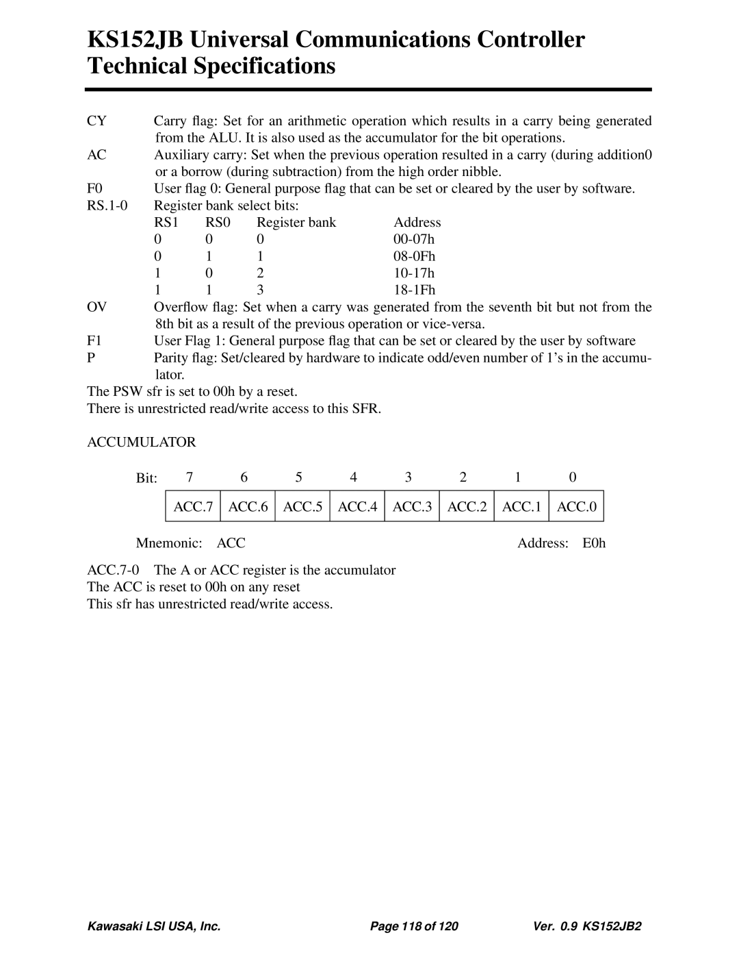 Kawasaki 80C152, KS152JB, 80C51 technical specifications Accumulator, ACC.7 ACC.6 ACC.5 ACC.4 ACC.3 ACC.2 ACC.1 ACC.0 