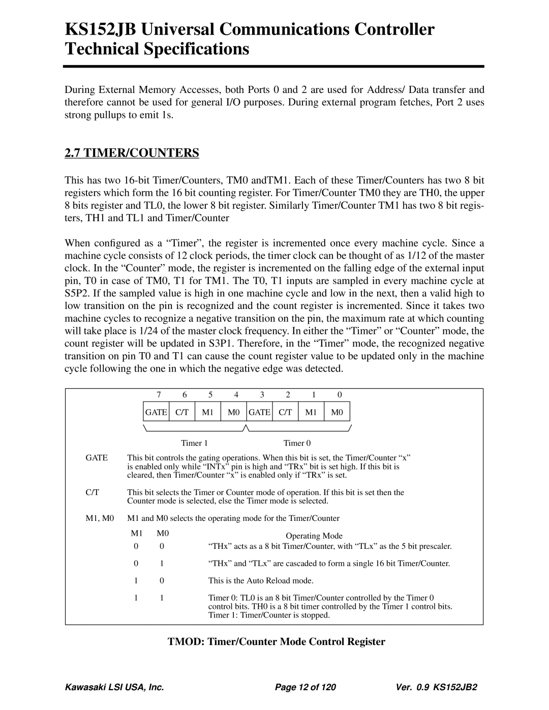 Kawasaki KS152JB, 80C152, 80C51 technical specifications Timer/Counters, Tmod Timer/Counter Mode Control Register 