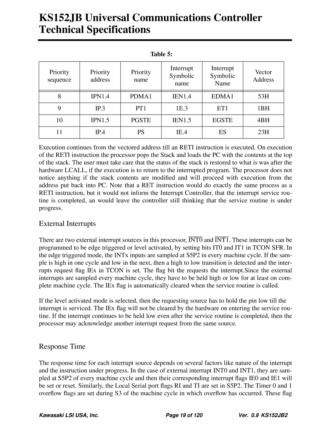 Kawasaki 80C152, KS152JB, 80C51 technical specifications PDMA1, EDMA1, PT1, ET1 1BH, Pgste, Egste 4BH 